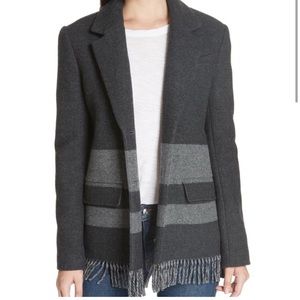 • Derek Lam • Wool Blend Dark Gray Stripe Fringe Belted Pea Coat Women’s 6